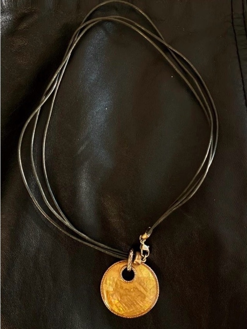 Round Golden Pendant Multi-Strand Black Cord Necklace